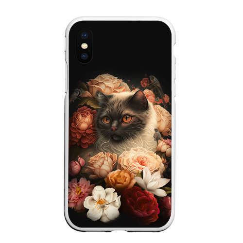 Чехол для iPhone XS Max матовый с принтом Милый котик окружённый цветами, вид спереди #2