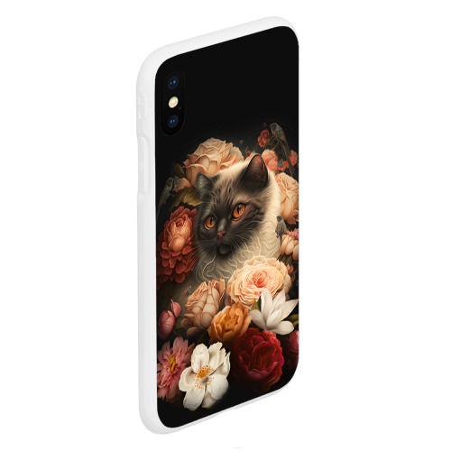 Чехол для iPhone XS Max матовый с принтом Милый котик окружённый цветами, вид сбоку #3