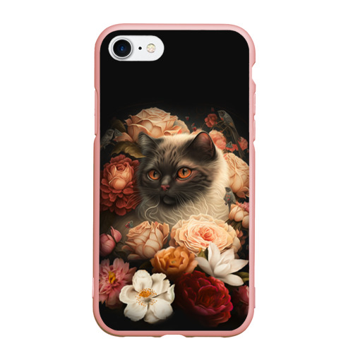 Чехол для iPhone 7/8 матовый с принтом Милый котик окружённый цветами, вид спереди #2