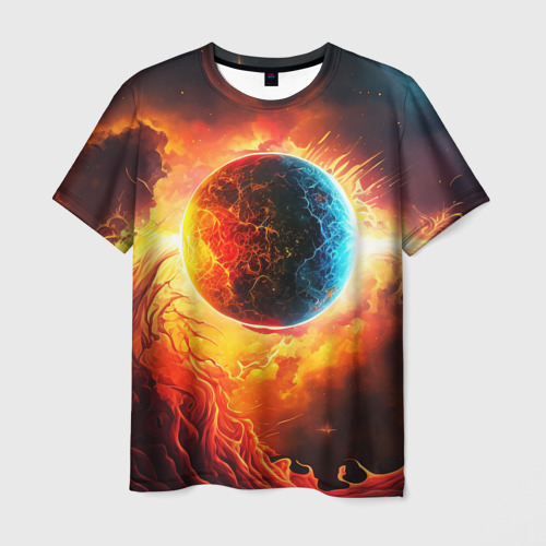 Мужская футболка с принтом Планета в огненном космосе, вид спереди №1