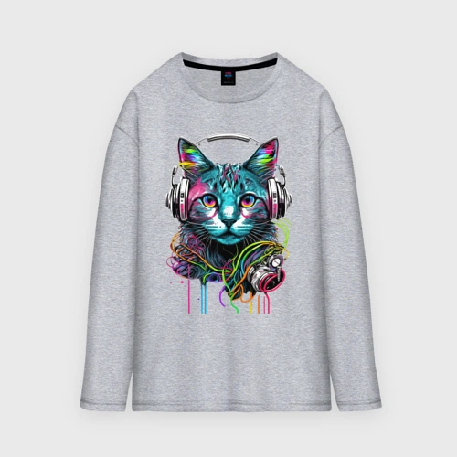 Мужской лонгслив oversize хлопок Кот меломан