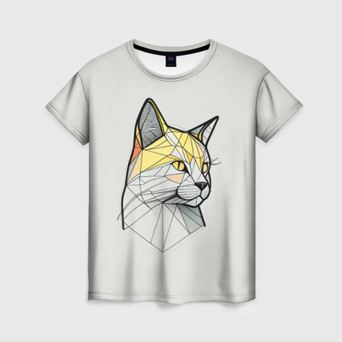 Женская футболка 3D с принтом Стилизованная кошка в геометрическом стиле, вид спереди #2