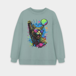 Женский свитшот oversize без начеса хлопок Кот тусовщик