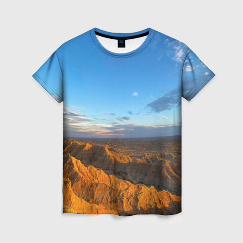 Женская футболка 3D с принтом Скалы и пустыня днём, вид спереди #2