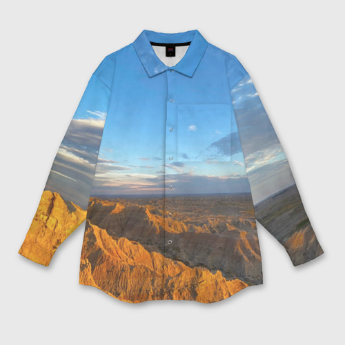 Женская рубашка oversize 3D с принтом Скалы и пустыня днём, вид спереди #2