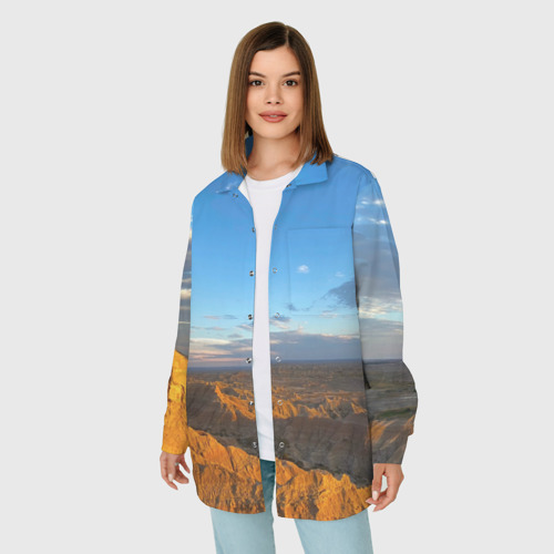 Женская рубашка oversize 3D с принтом Скалы и пустыня днём, фото на моделе #1