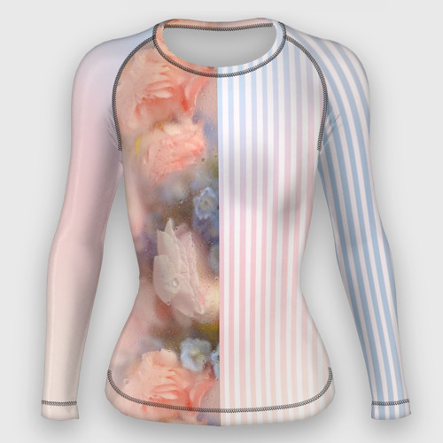 Женский рашгард 3D с принтом Цветы за стеклом - полосы с градиентом, вид спереди #2