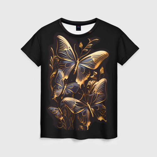 Женская футболка с принтом Золотые бабочки ночные, вид спереди №1