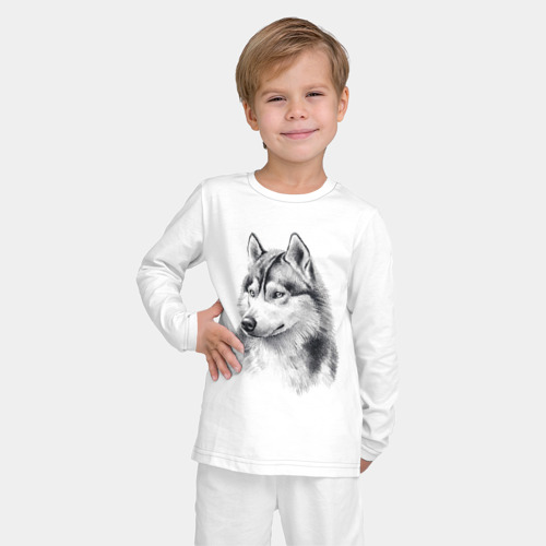Детская пижама с лонгсливом хлопок с принтом Собака смотрящая в даль чб хаски, фото на моделе #1