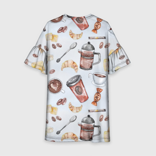 Детское платье 3D с принтом Паттерн - чай , кофе и круассан, вид сзади #1