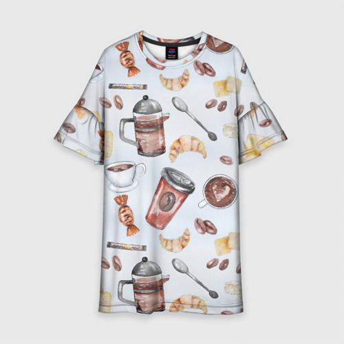 Детское платье 3D с принтом Паттерн - чай , кофе и круассан, вид спереди #2