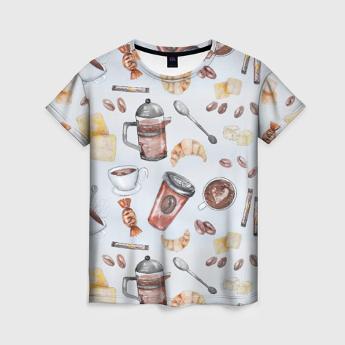 Женская футболка 3D  Чай , кофе и круассан французский завтрак паттерн , цвет 3D печать