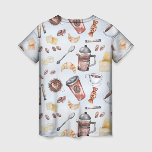 Женская футболка 3D  Чай , кофе и круассан французский завтрак паттерн , цвет 3D печать - фото 2