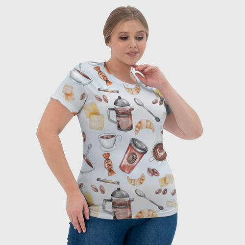 Женская футболка 3D  Чай , кофе и круассан французский завтрак паттерн , цвет 3D печать - фото 6