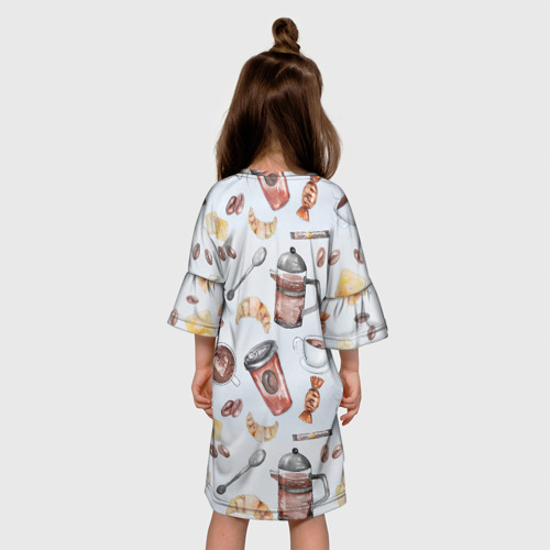 Детское платье 3D с принтом Паттерн - чай , кофе и круассан, вид сзади #2