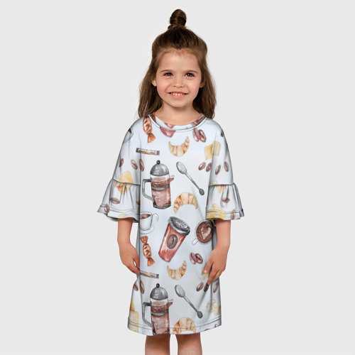 Детское платье 3D с принтом Паттерн - чай , кофе и круассан, вид сбоку #3