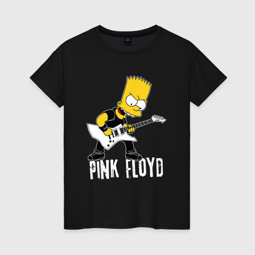 Женская футболка хлопок с принтом Pink Floyd Барт Симпсон рокер, вид спереди #2
