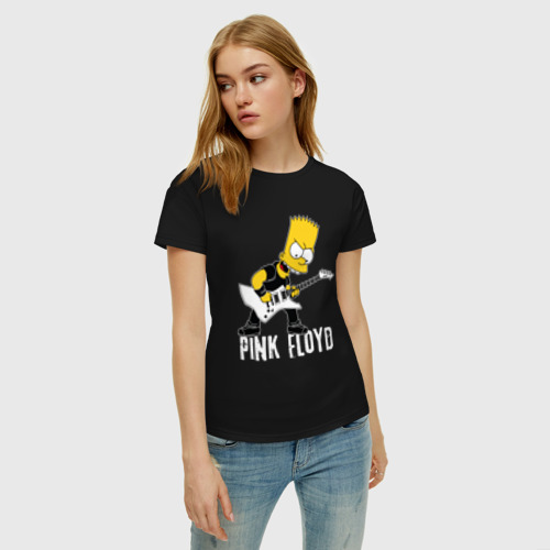 Женская футболка хлопок с принтом Pink Floyd Барт Симпсон рокер, фото на моделе #1