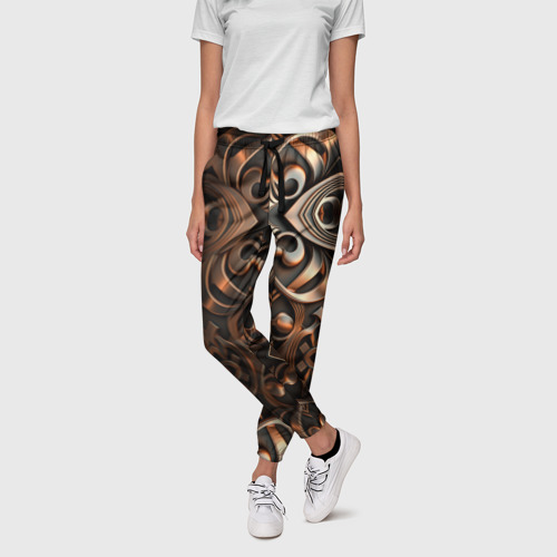 Женские брюки 3D с принтом Золотой узор - паттерн, фото на моделе #1