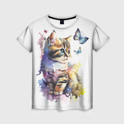 Акварельный котёнок с бабочками – Женская футболка 3D с принтом купить со скидкой в -26%