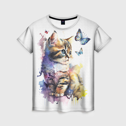 Женская футболка с принтом Акварельный котёнок с бабочками, вид спереди №1