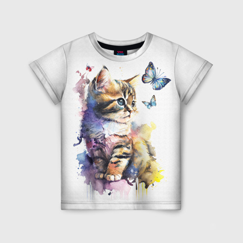 Детская футболка 3D с принтом Акварельный котёнок с бабочками, вид спереди #2