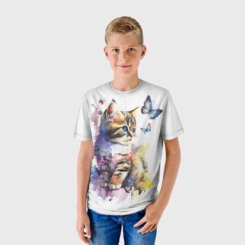 Детская футболка 3D с принтом Акварельный котёнок с бабочками, фото на моделе #1