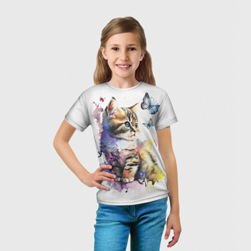 Детская футболка 3D с принтом Акварельный котёнок с бабочками, вид сбоку #3