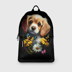 Рюкзак с принтом Милый щенок с цветами и бабочками для любого человека, вид спереди №3. Цвет основы: белый