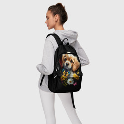 Рюкзак с принтом Милый щенок с цветами и бабочками для любого человека, вид спереди №4. Цвет основы: белый