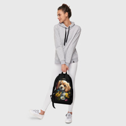Рюкзак с принтом Милый щенок с цветами и бабочками для любого человека, вид спереди №6. Цвет основы: белый