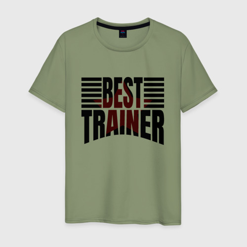 Мужская футболка хлопок Best trainer надпись с полосами, цвет авокадо