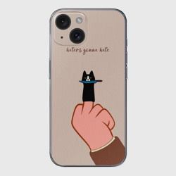 Чехол для iPhone 15 силиконовый с защитой камеры Котик с ножиком и средний палец - haters gonna hate