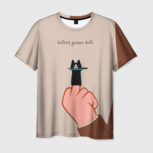 Мужская футболка с принтом Котик с ножиком и средний палец — haters gonna hate, вид спереди №1