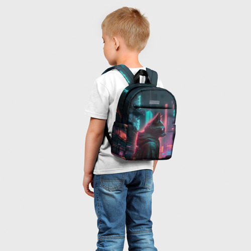 Детский рюкзак 3D с принтом Кот в киберпанке, фото на моделе #1