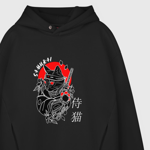 Мужское худи Oversize хлопок Samurai cat inscription, цвет черный - фото 4