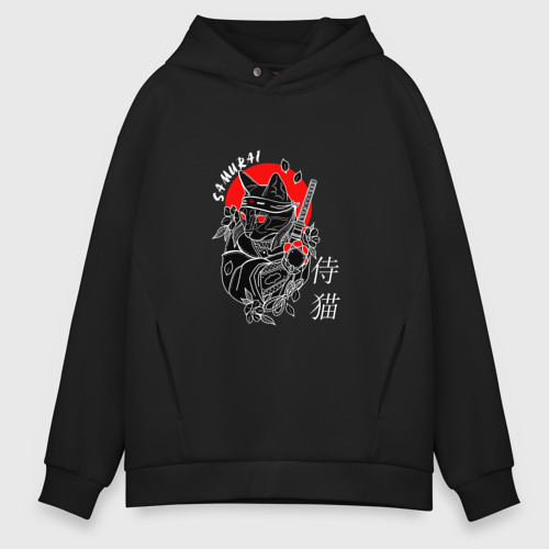 Мужское худи Oversize хлопок Samurai cat inscription, цвет черный