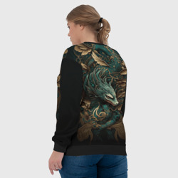 Свитшот с принтом Изумрудный Дракон Irezumi для женщины, вид на модели сзади №3. Цвет основы: черный