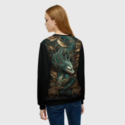 Свитшот с принтом Изумрудный Дракон Irezumi для женщины, вид на модели сзади №2. Цвет основы: черный