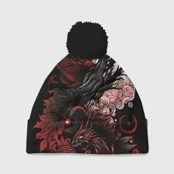 Шапка 3D c помпоном Красный Irezumi узор