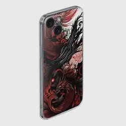Чехол для iPhone 15 силиконовый с защитой камеры Красный Irezumi узор - фото 2