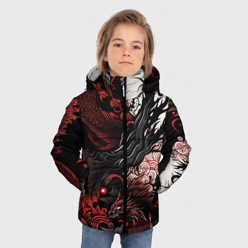 Зимняя куртка для мальчиков 3D Красный Irezumi узор, цвет черный - фото 3