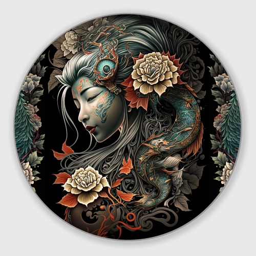 Круглый коврик для мышки Японская девушка Irezumi