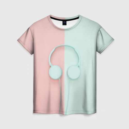 Женская футболка 3D с принтом Наушники цвета морской волны, вид спереди #2