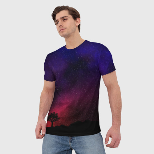 Мужская футболка 3D с принтом Дерево на фоне звездного неба, фото на моделе #1