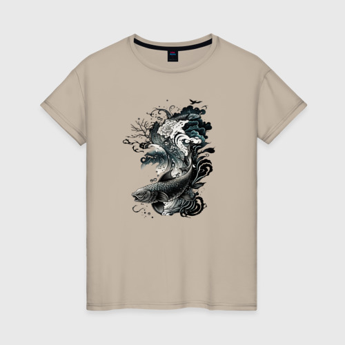 Женская футболка хлопок с принтом Тату рыбы, вид спереди #2