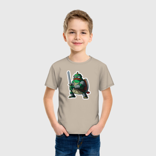 Детская футболка хлопок Лягушонок Пепе в доспехах, цвет миндальный - фото 3