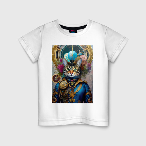 Детская футболка из хлопка с принтом Портрет кота - стимпанк нейросеть, вид спереди №1