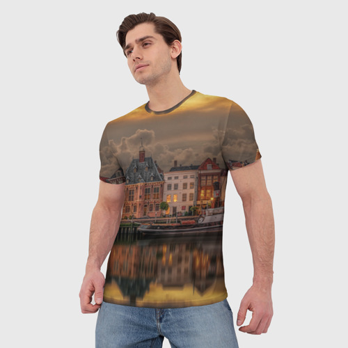 Мужская футболка 3D с принтом Мирный город на воде и тучи, фото на моделе #1
