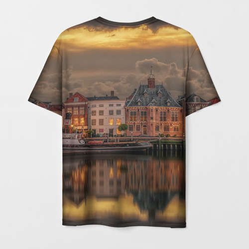 Мужская футболка 3D с принтом Мирный город на воде и тучи, вид сзади #1